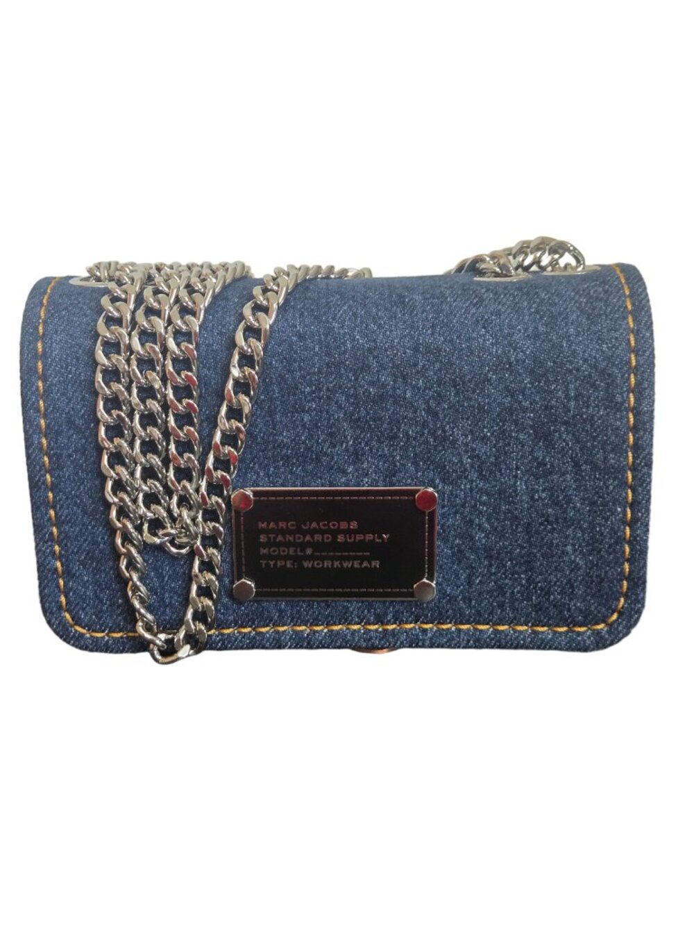 Marc Jacobs Dark Blue Denim Chain Crossbody with Silver Hardware/Black Nameplate